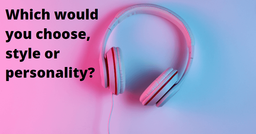 Image of blue and pink headphones on a blue and pink background. Caption reads, "Which would you choose, style of personality?" referring to the best headphone color.